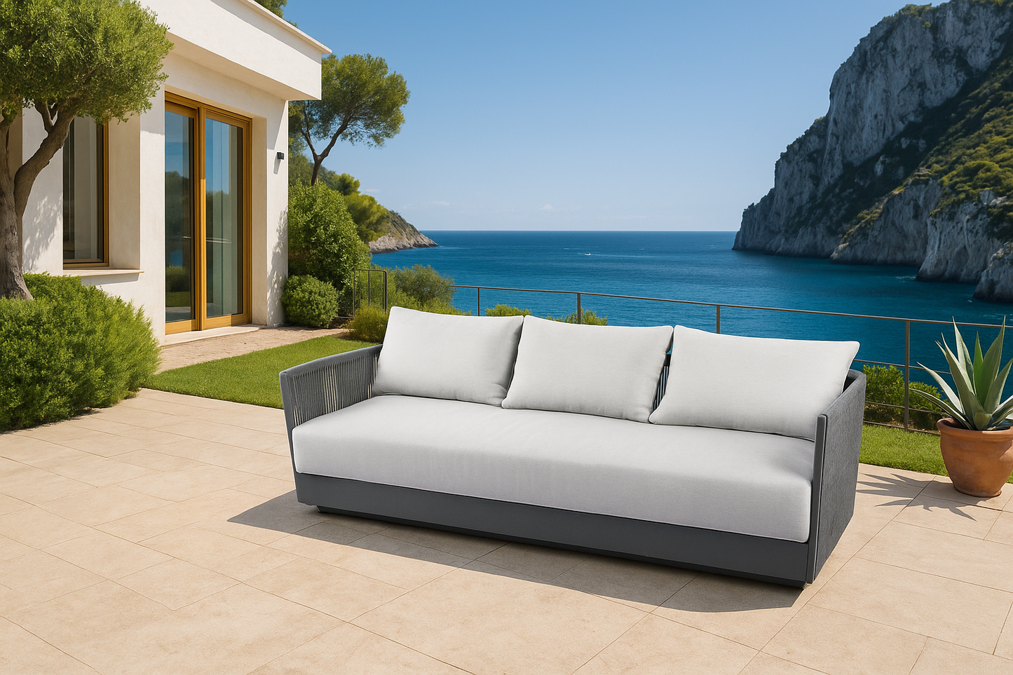 Elementi Capri 3 Person Aluminum Sofa with Sunbrella Cushions